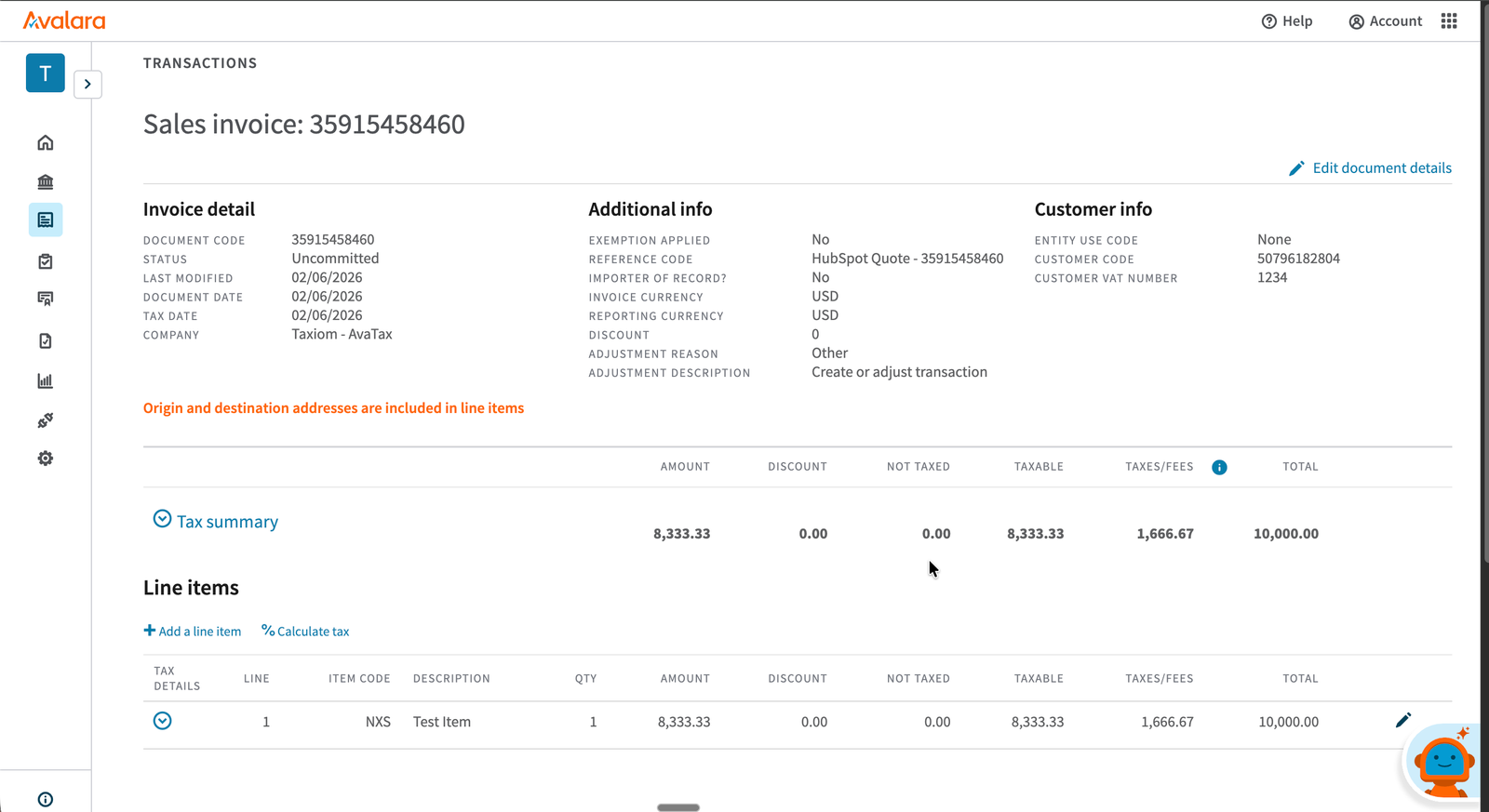 Avalara line detail showing Tax included in amount with UK Standard Rate Output Tax at 20 percent