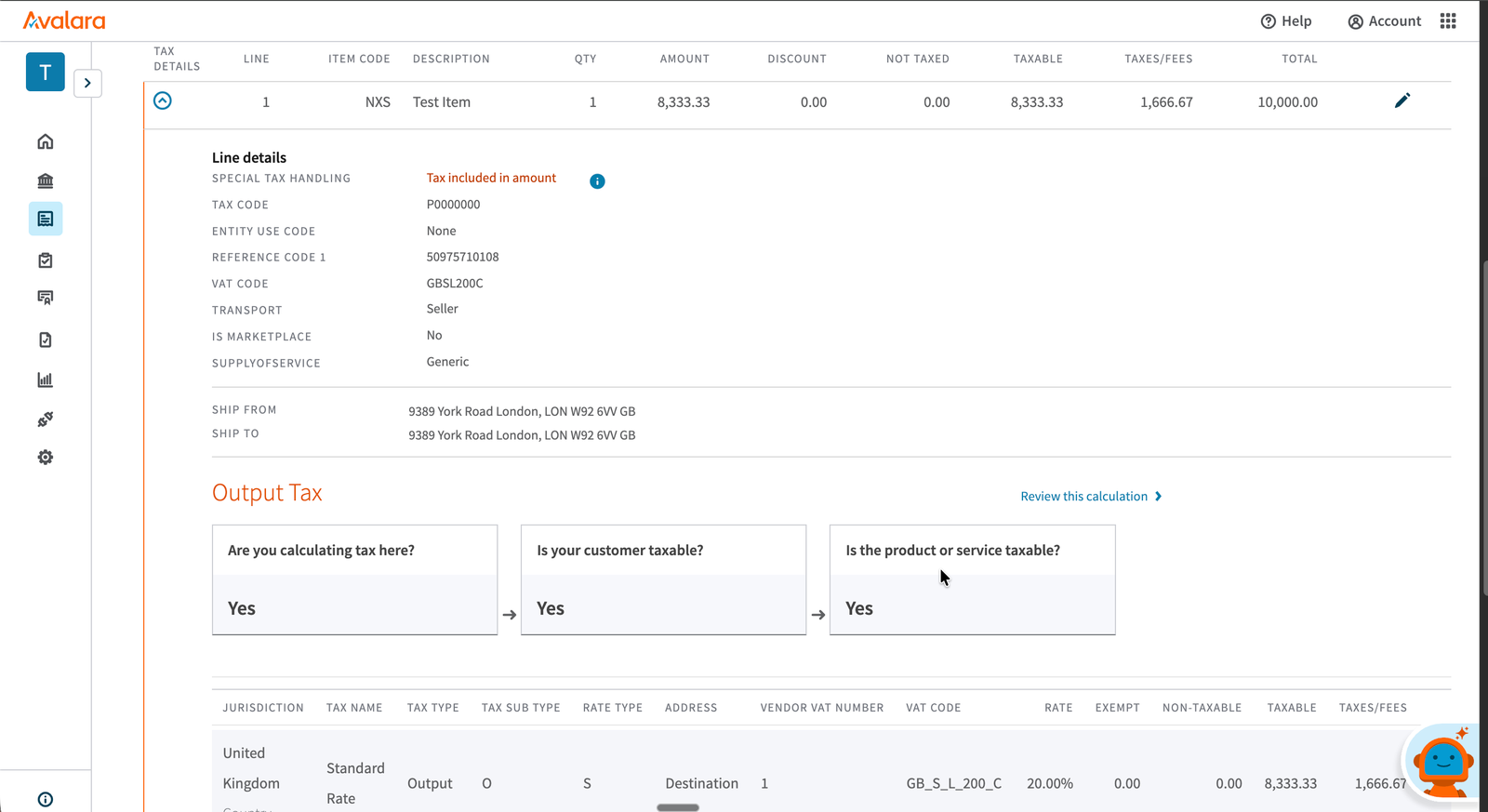 Avalara transaction overview showing Tax summary with Amount 8,333.33 and Total 10,000.00