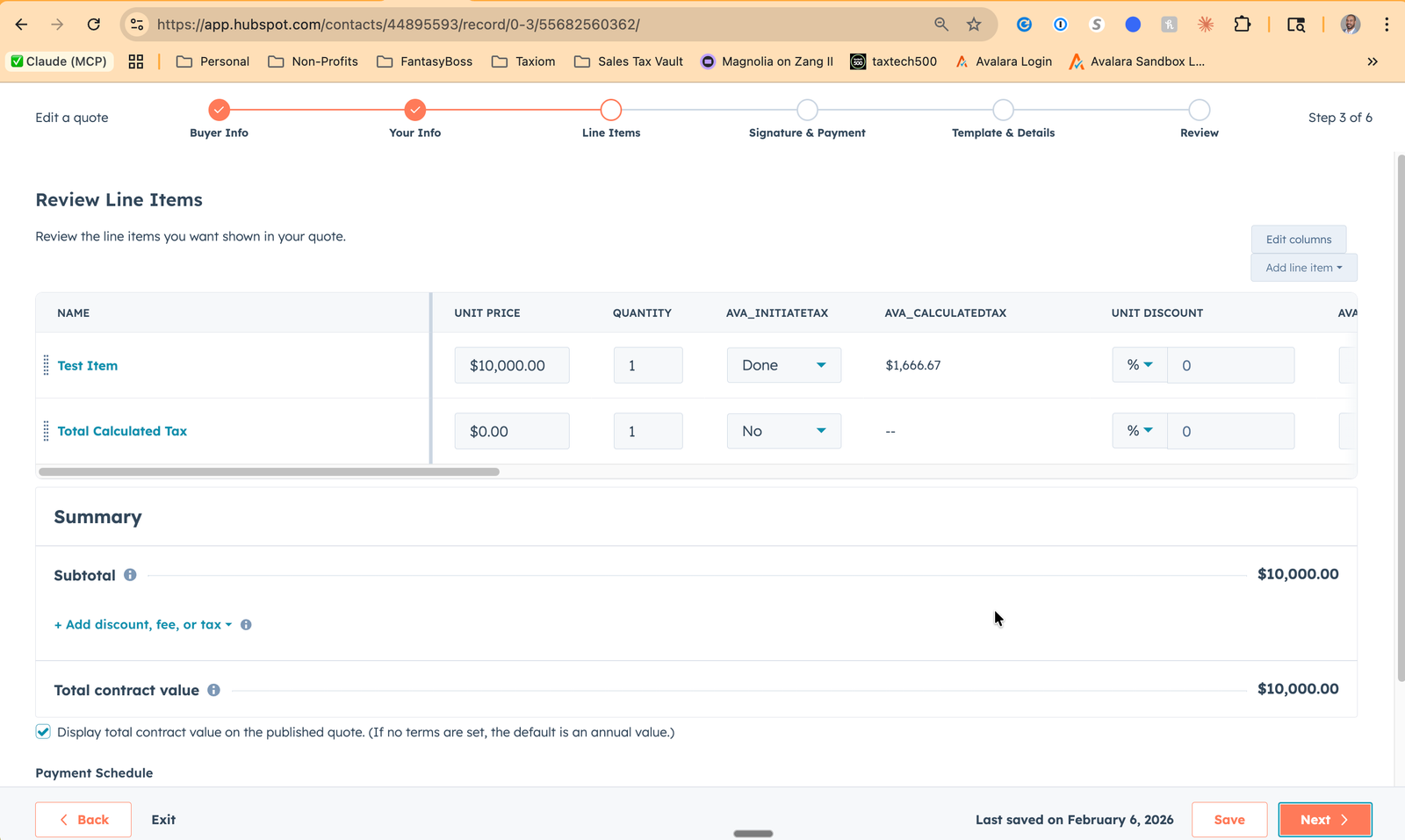 HubSpot quote showing $10,000 line item with $1,666.67 calculated tax and Total Calculated Tax at $0.00